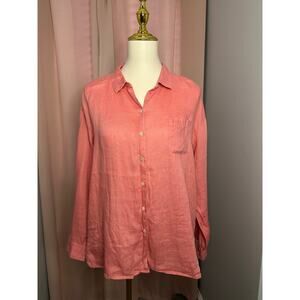 EUC J. Jill Love Linen Button Down Soft Coral Top Sz Petite Large